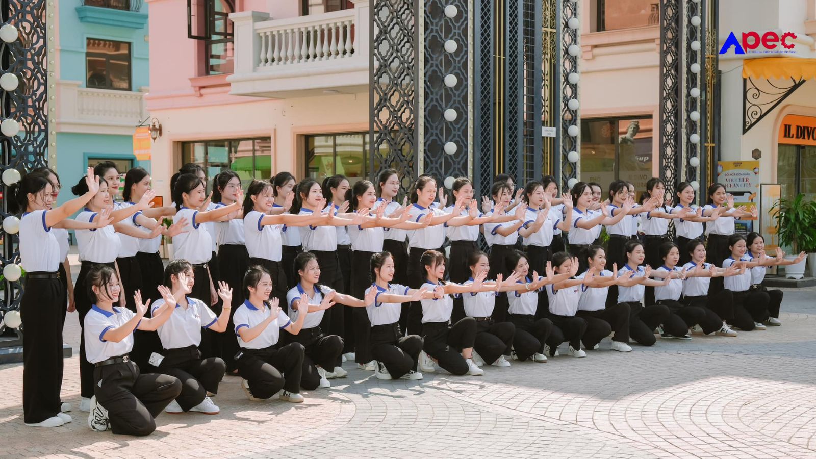 Học viên Apec thực hiện các động tác thể dục đồng diễn ngoài trời.